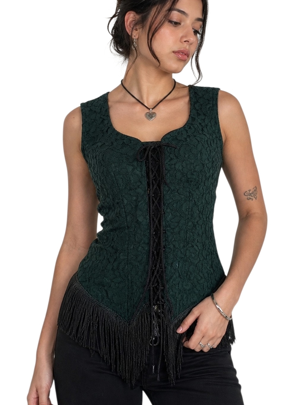 Handmade Lace Up Corset Top Fringe Green Black Womens Medium